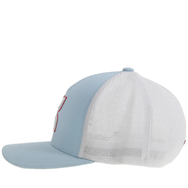 2412BLWH-02 "Coach" FlexFit Hat Light Blue/White w/Red & White Logo L/XL