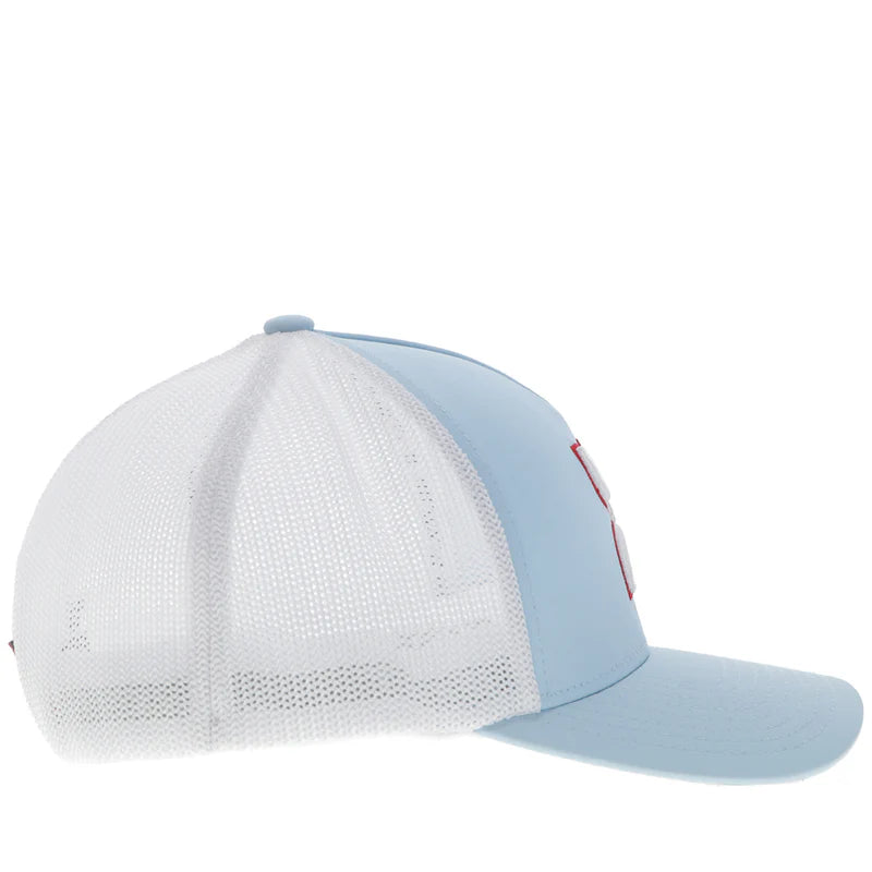 2412BLWH-02 "Coach" FlexFit Hat Light Blue/White w/Red & White Logo L/XL