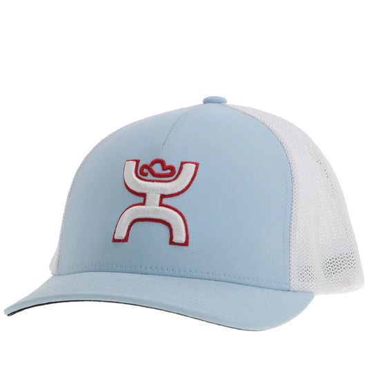 2412BLWH-01 "Coach" FlexFit Hat Light Blue/White w/Red & White Logo S/M