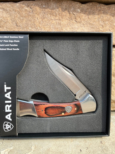 Ariat Plain Edge Blade Stained Wood 4 3/8" Folding Knife A710011102-L