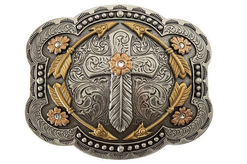 Blazin Roxx Western Womens Buckle Feather Cross Clear Crystals Silver 37947