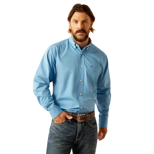 Ariat Men's Blue Wrinkle Free Solid Classic Fit Shirt 10055278