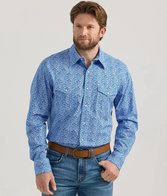 Wrangler Men's 20X Paisley Print Long Sleeve Snap Stretch Western Shirt - Blue 112352212