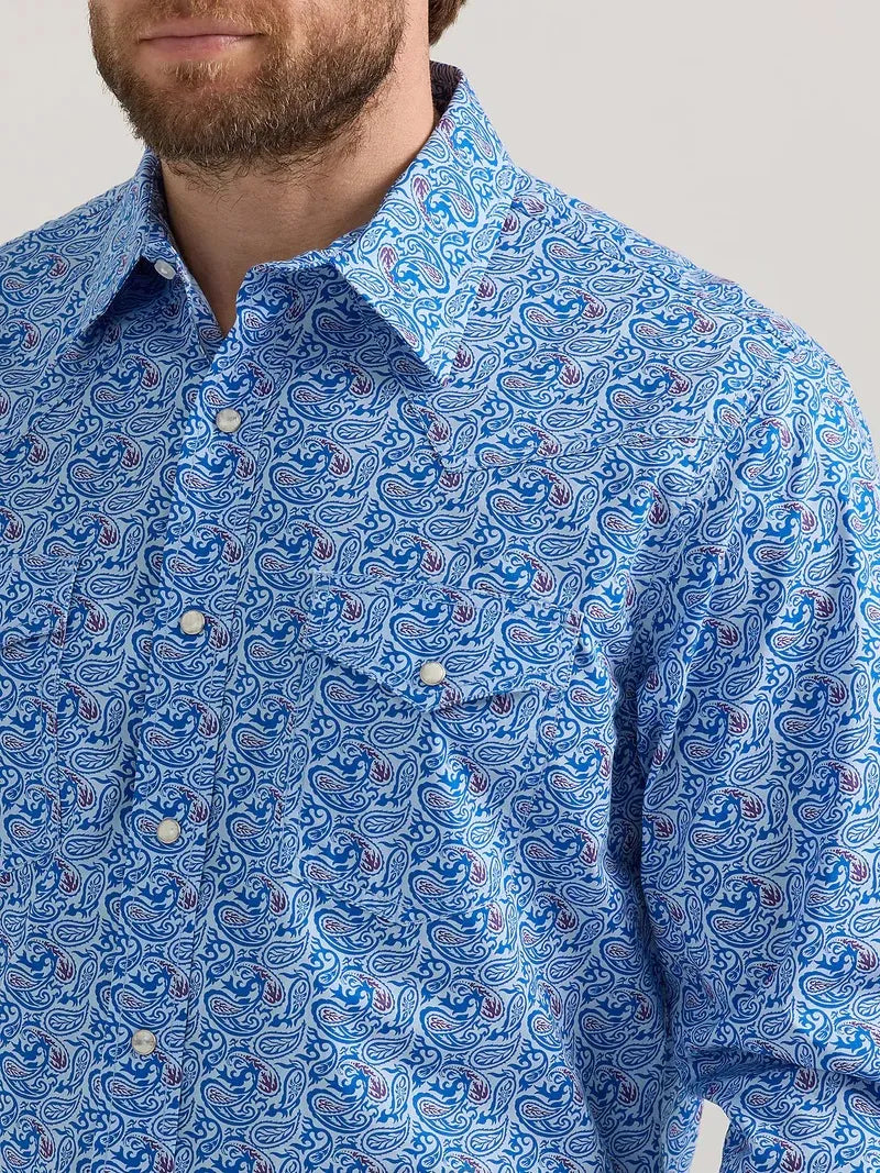 Wrangler Men's 20X Paisley Print Long Sleeve Snap Stretch Western Shirt - Blue 112352212