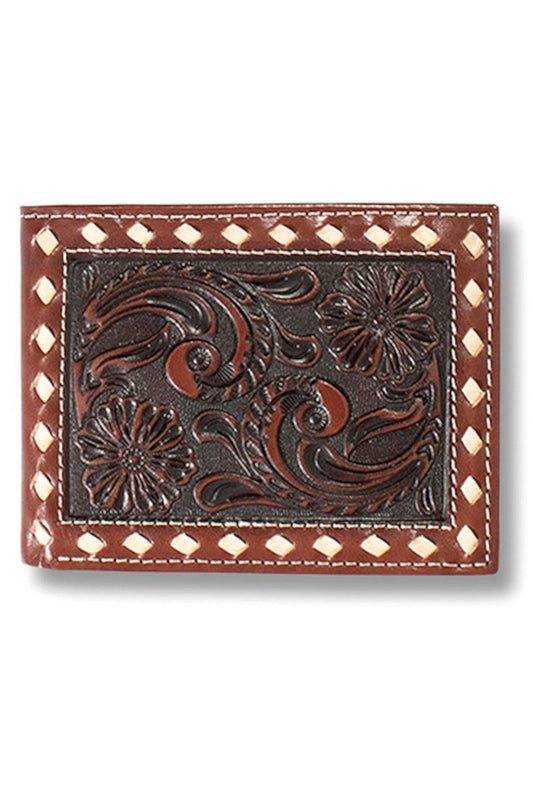 Ariat Wallet Men's Bifold Leather Floral Buck Laced Stitch Brown Money Clip - A3558102