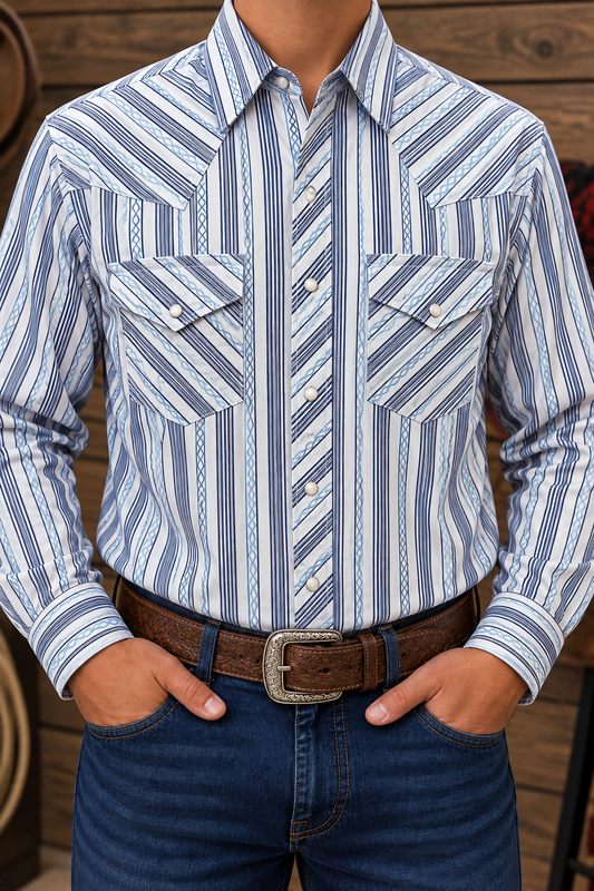Wrangler 20X Competition Men's Long Sleeve Western Snap Shirt Navy Print 112384656