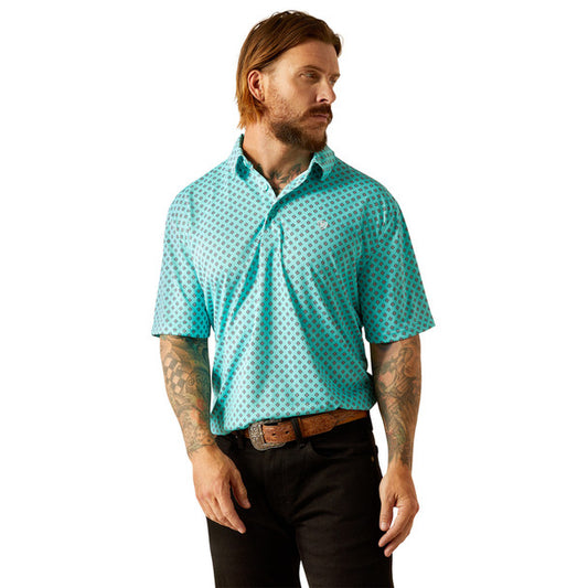 Ariat Mens All Over Print SS Polo Aruba Blue 10055183