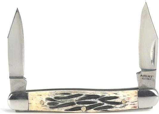 ARIAT Medium Muskrat Folding Knife, Tan Wood Handle w/Shield - Two Blades