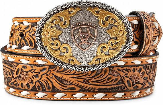 Ariat Men's Etched Oval Buckle Leather Floral Tooled Belt A1043448
