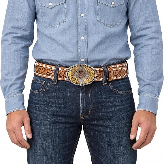 Ariat Men's Etched Oval Buckle Leather Floral Tooled Belt A1043448