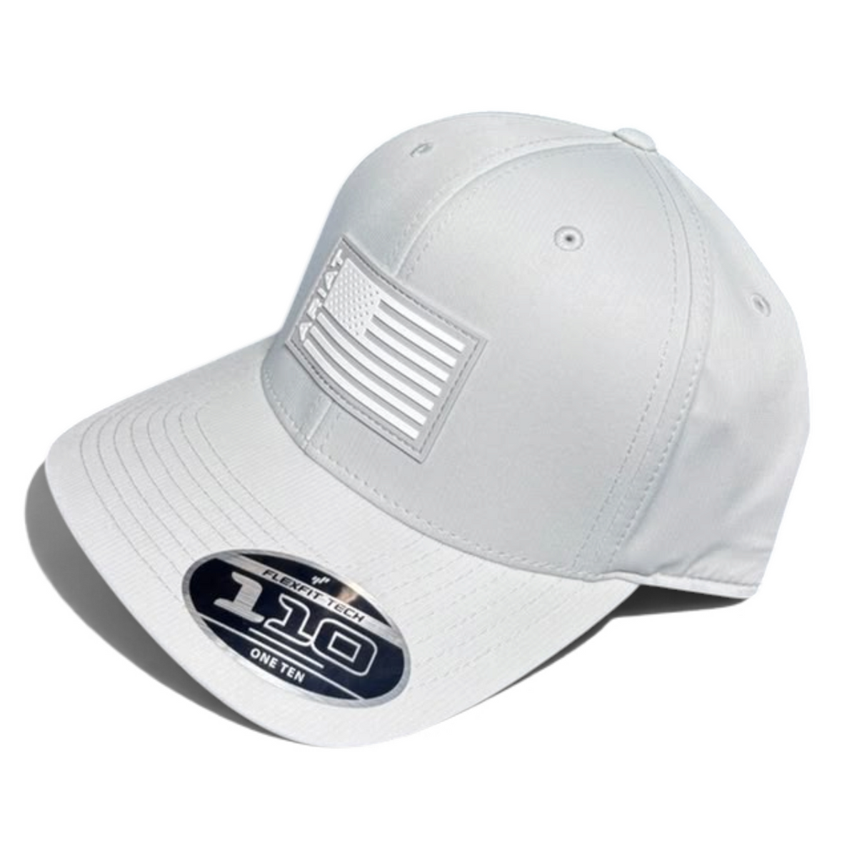 Cowboy City Western Wear grey 6-panel structured polyester cap with a white rubber flag patch and Flexfit 110 sticker