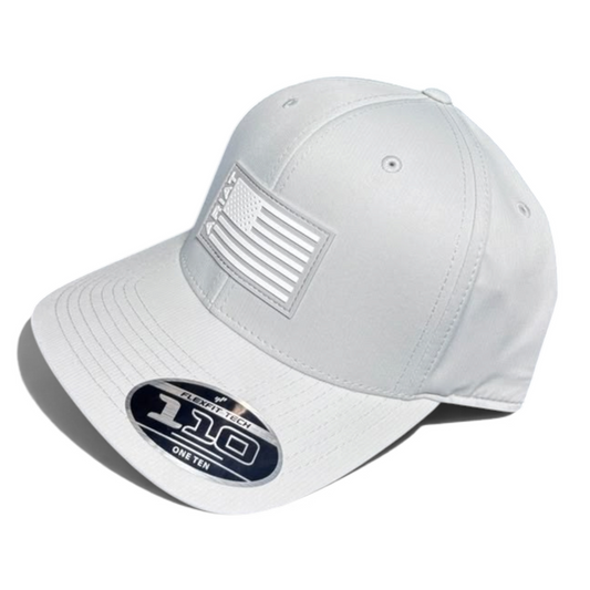 Cowboy City Western Wear grey 6-panel structured polyester cap with a white rubber flag patch and Flexfit 110 sticker
