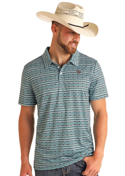 ROCK & ROLL AZTEC TEAL PRINT POLO - MENS POLO - BM51T05993