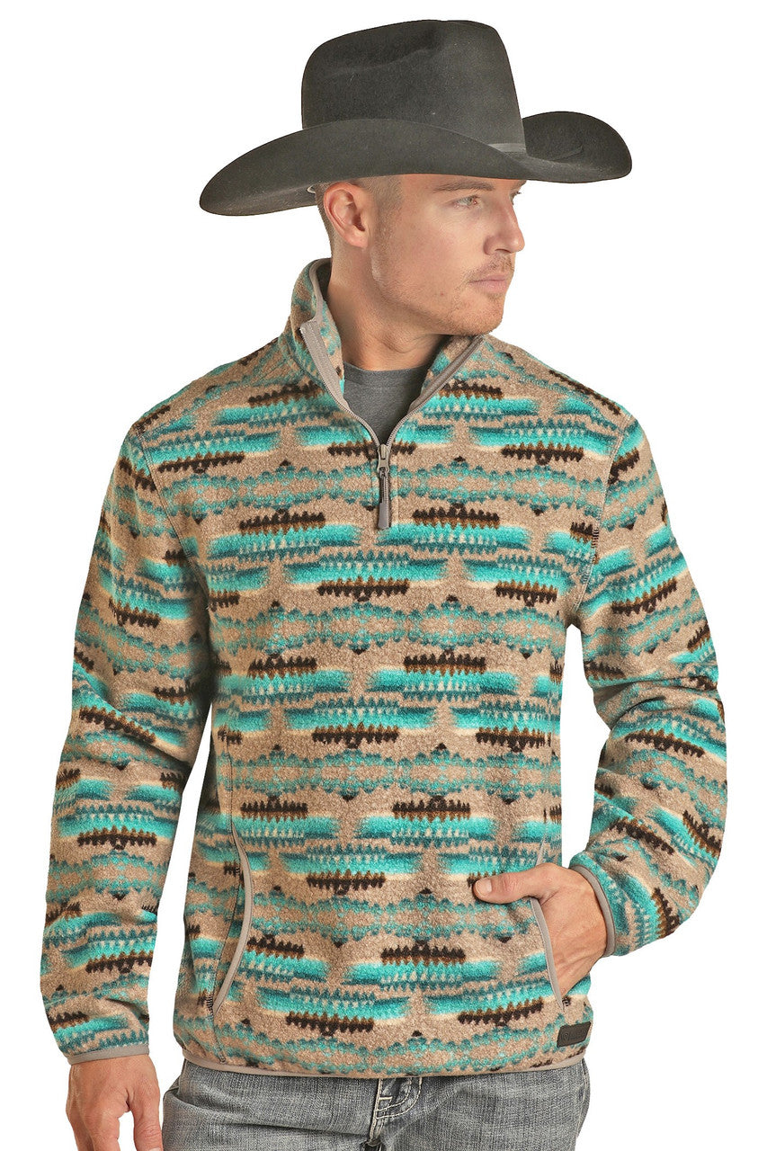 Rock and Roll Cowboy Men's Teal Aztec Print 1/4 Zip Sherpa Pullover BM91C02293