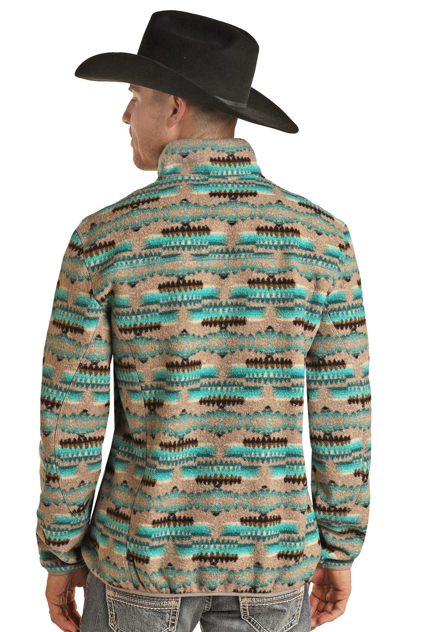 Rock and Roll Cowboy Men's Teal Aztec Print 1/4 Zip Sherpa Pullover BM91C02293