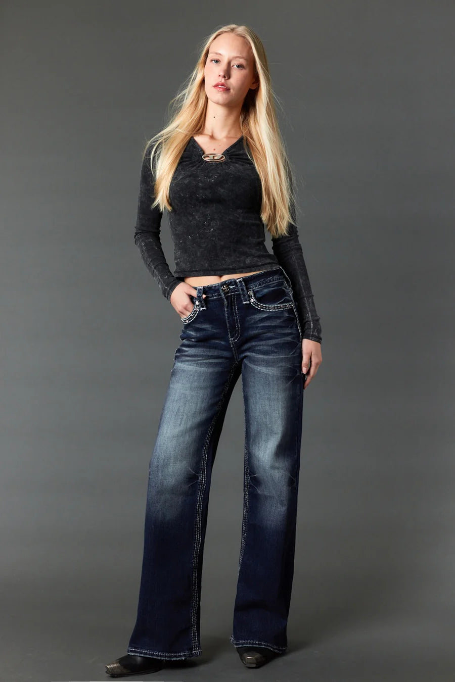 Answer Me Women's Embroidered Wide Leg Jeans A1138-WL