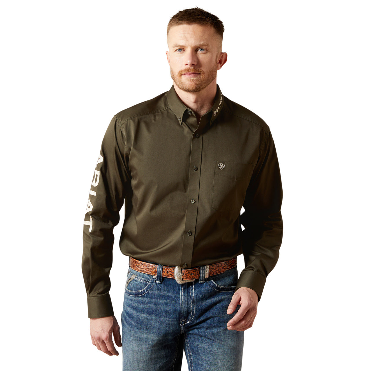 Ariat Men's Team Logo Twill Long Sleeve Button-Down Western Shirt Olive/Khaki 10065845