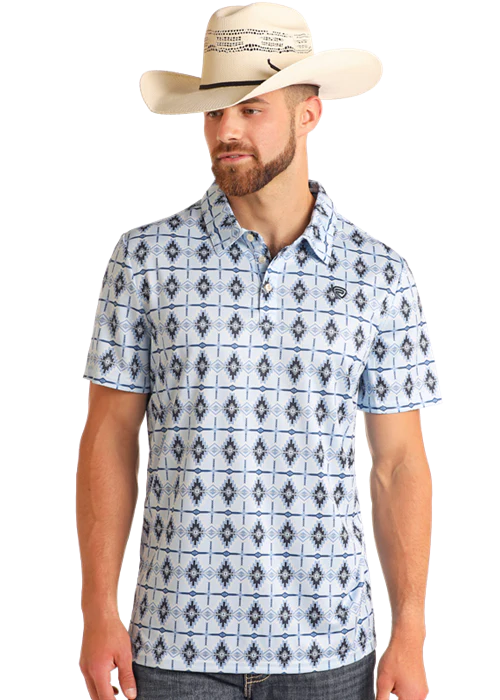 Rock & Roll Men's Aztec Printed Polo Baby Blue BM51T05992
