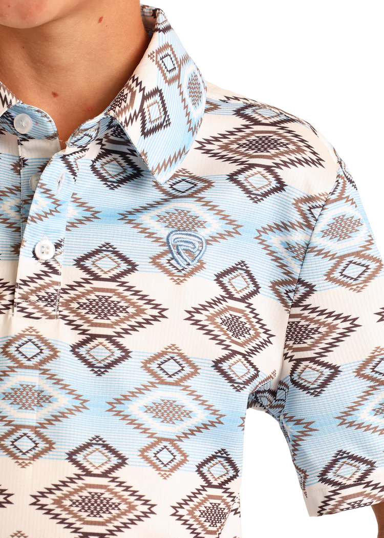 Rock & Roll Denim Boy's Tek Aztec Print  Polo Short  White  BB51T06010