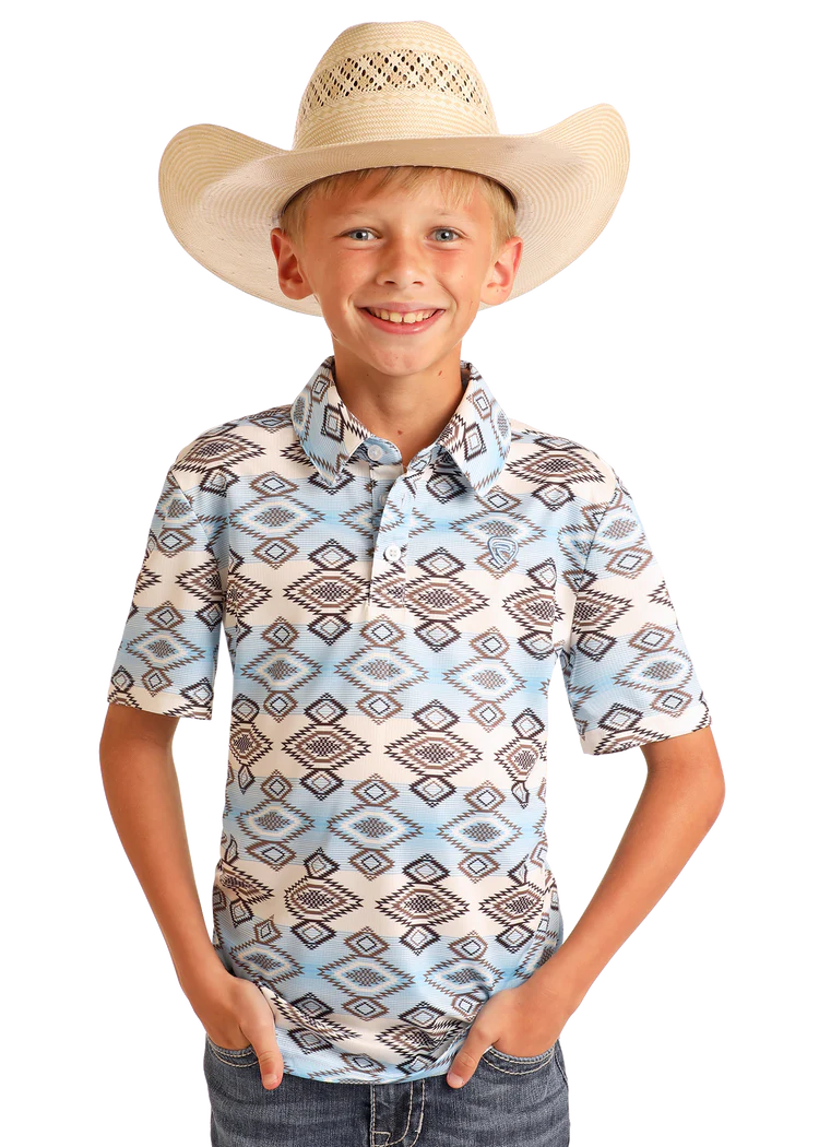 Rock & Roll Denim Boy's Tek Aztec Print  Polo Short  White  BB51T06010