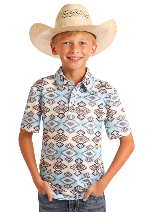 Rock & Roll Denim Boy's Tek Aztec Print  Polo Short  White  BB51T06010