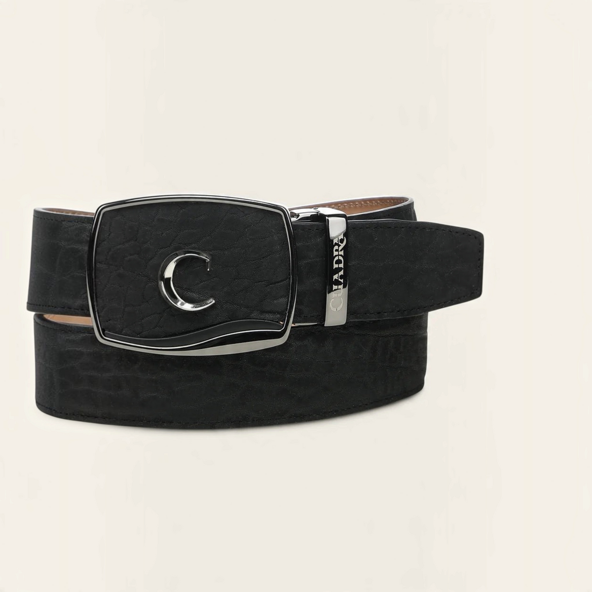 Cowboy City Western Wear black textured bovine leather belt with a signature Cuadra C SoloClip buckle