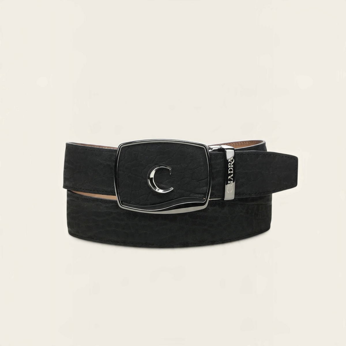 Cowboy City Western Wear black textured bovine leather belt with signature Cuadra C buckle and holeless SoloClip system