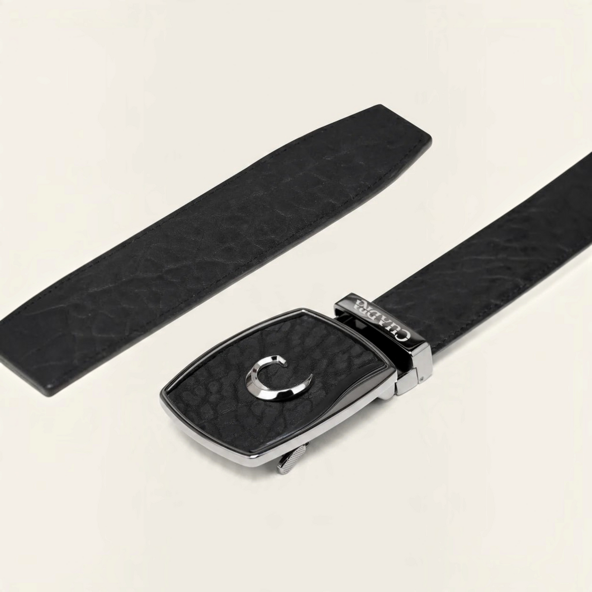 Cowboy City Western Wear black textured bovine leather belt with a silver Cuadra C SoloClip buckle