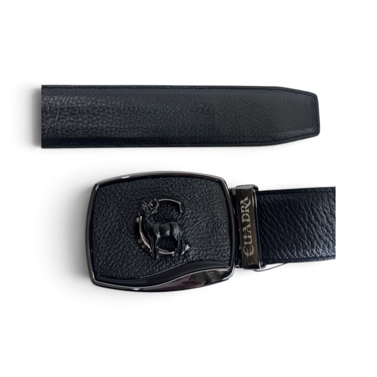 Cowboy City Western Wear black leather belt featuring a Cuadra C buckle with a detailed deer motif and SoloClip system