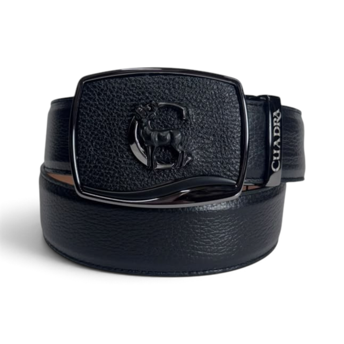 Cowboy City Western Wear black leather belt with a Cuadra C buckle featuring a deer motif and SoloClip system.