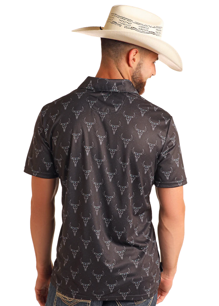 Rock & Roll Mens Black Longhorn Printed Polo BM51T05988