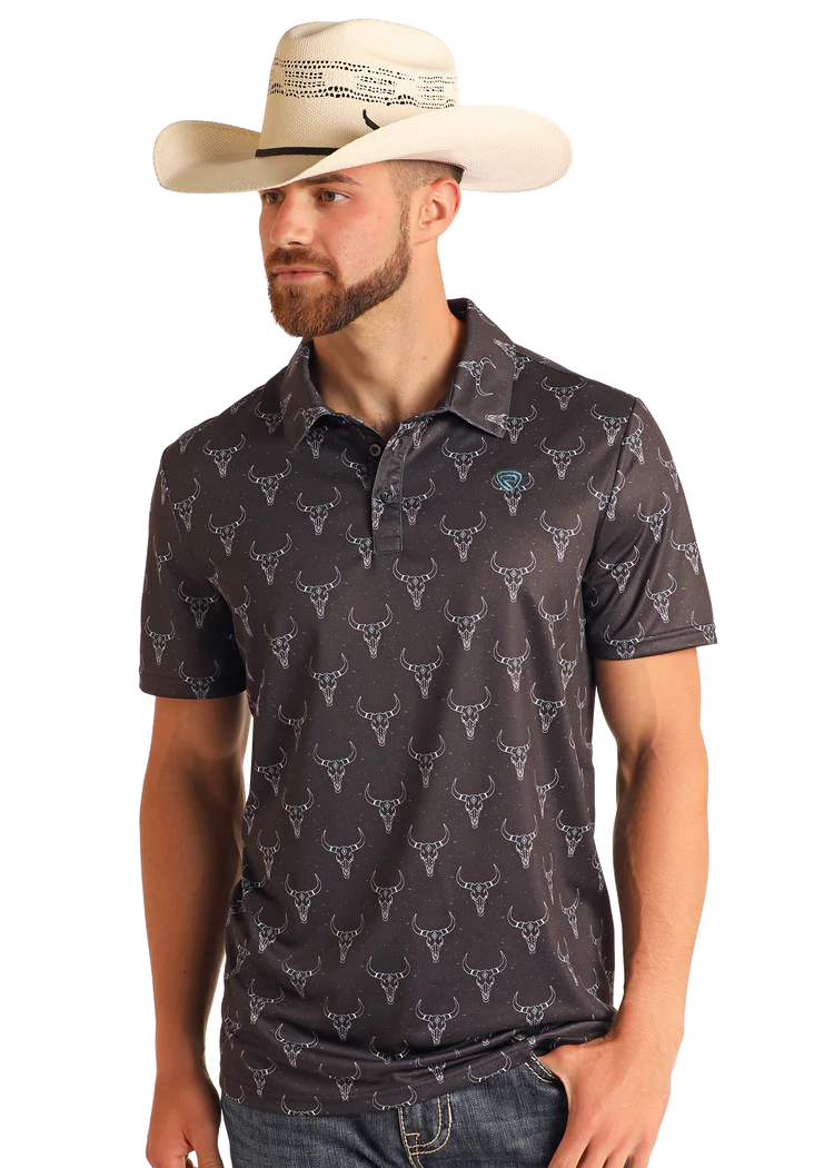 Rock & Roll Mens Black Longhorn Printed Polo BM51T05988
