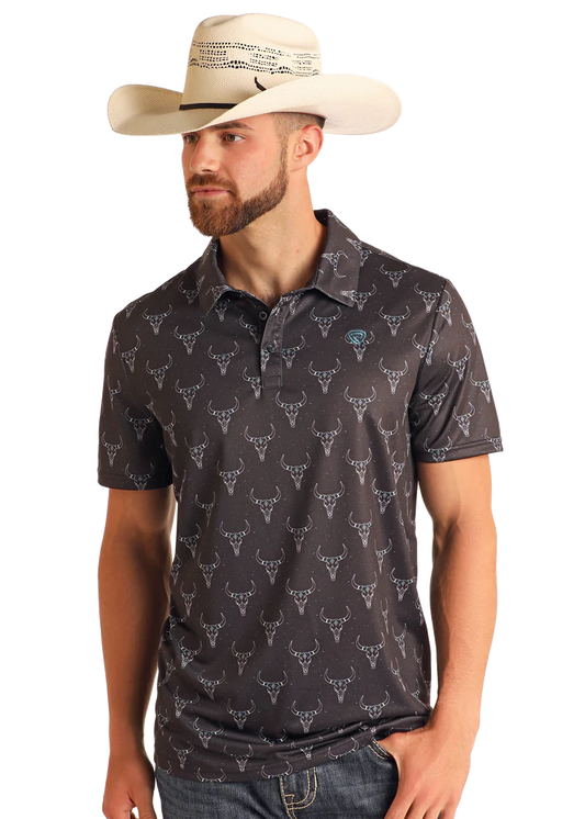 Rock & Roll Mens Black Longhorn Printed Polo BM51T05988