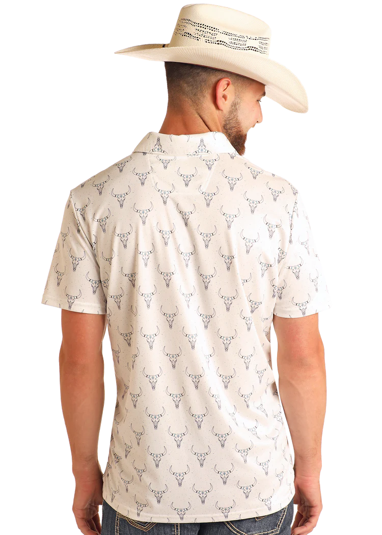 Rock & Roll Mens Longhorn Printed Polo White BM51T05989