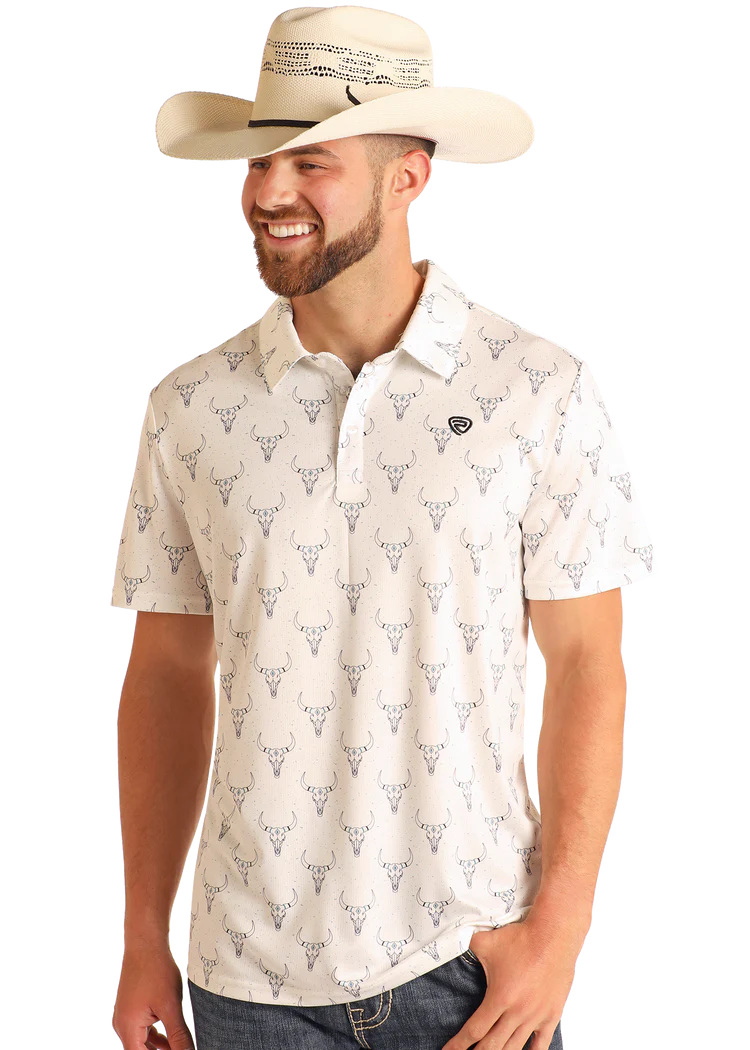 Rock & Roll Mens Longhorn Printed Polo White BM51T05989