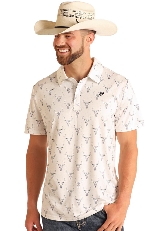 Rock & Roll Mens Longhorn Printed Polo White BM51T05989