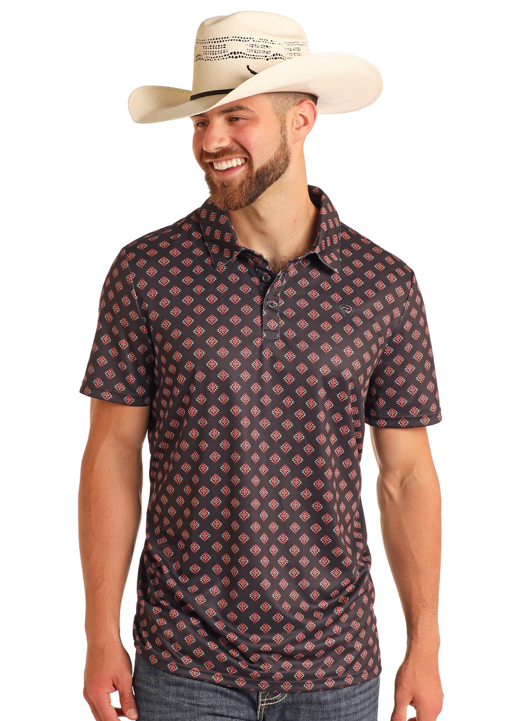 Rock & Roll Men's Aztec Printed Polo Black Diamond Aztec Polo BM51T05998