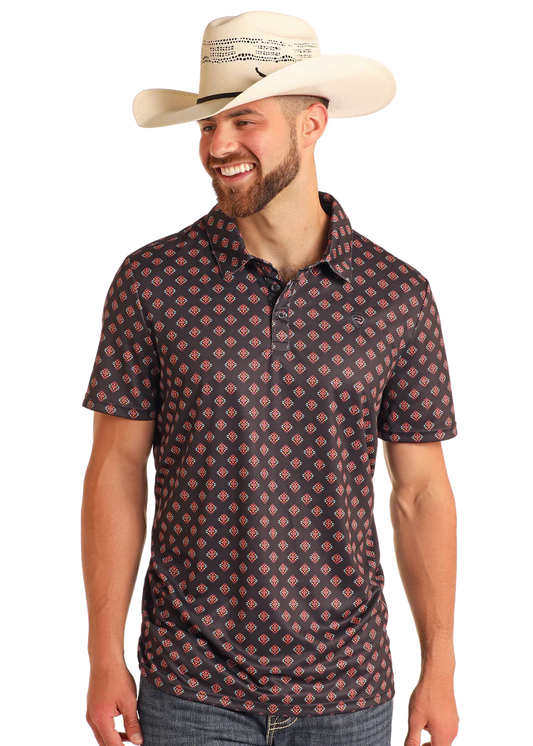 Rock & Roll Men's Aztec Printed Polo Black Diamond Aztec Polo BM51T05998