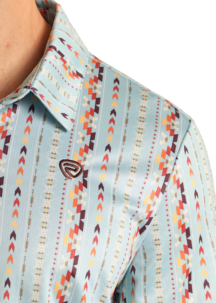 Rock & Roll Men's Aztec Sky Blue Striped Aztec Print Polo BM51T06005