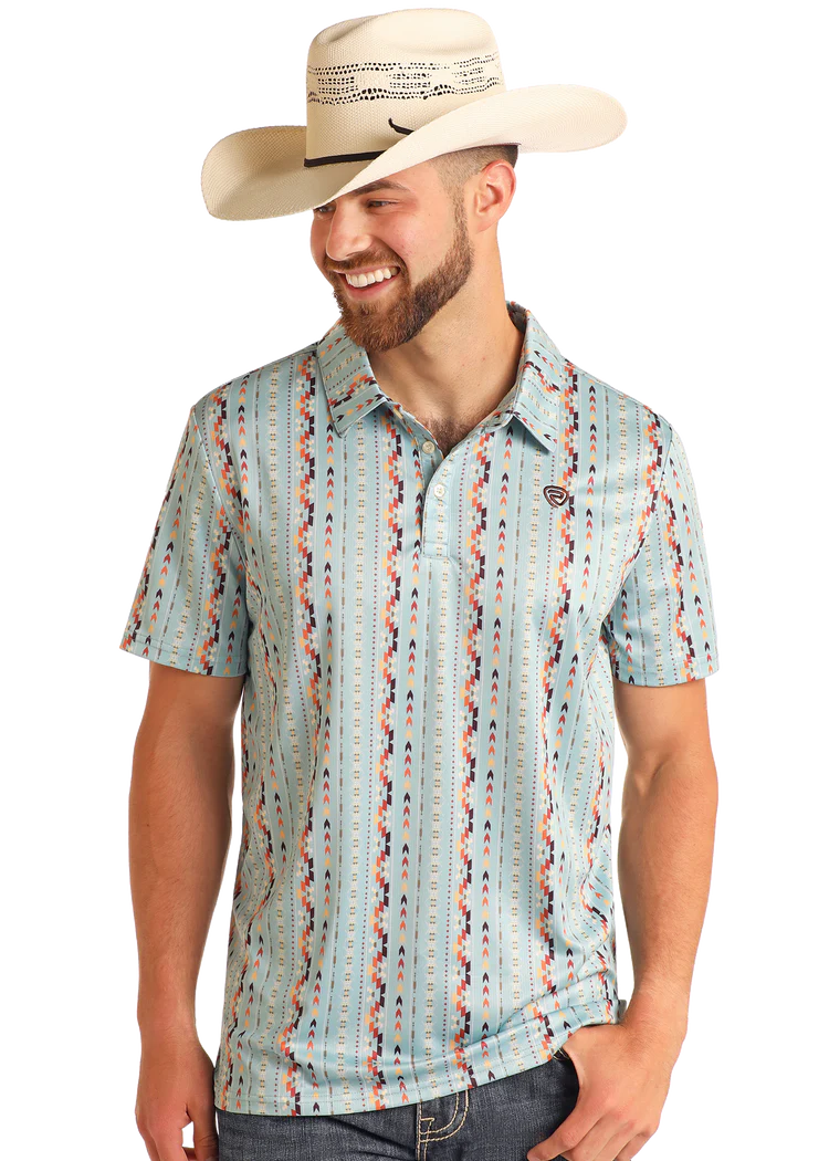 Rock & Roll Men's Aztec Sky Blue Striped Aztec Print Polo BM51T06005