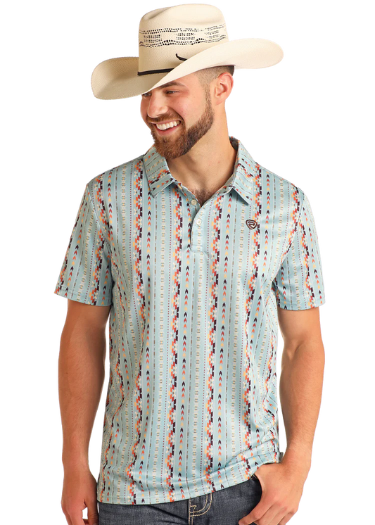Rock & Roll Men's Aztec Sky Blue Striped Aztec Print Polo BM51T06005