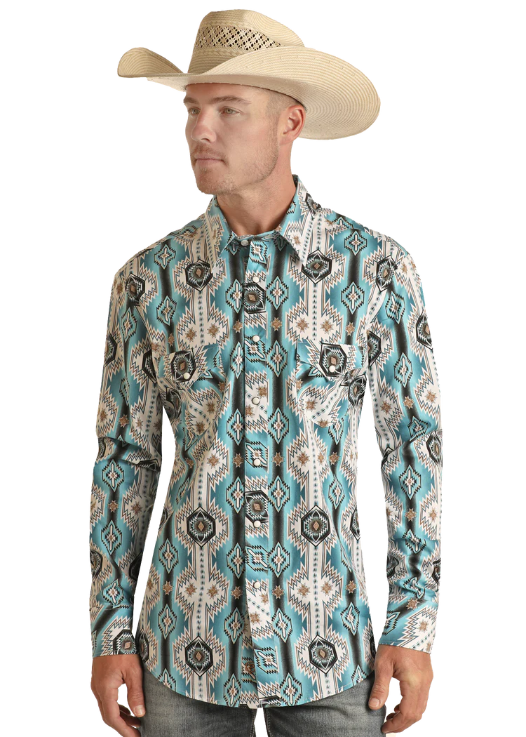 Rock & Roll Men's Aztec Long Sleeve Snap Shirt Turquoise BMB2S03358