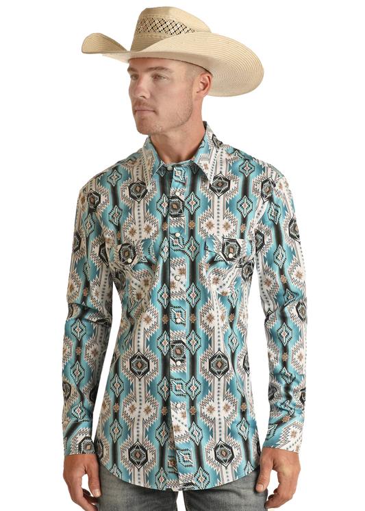 Rock & Roll Men's Aztec Long Sleeve Snap Shirt Turquoise BMB2S03358