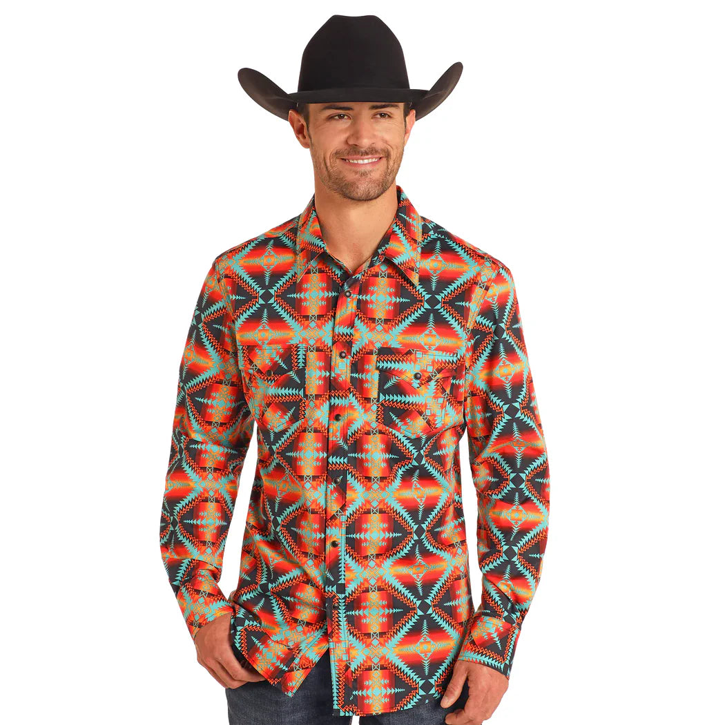 Rock & Roll Denim Men's Aztec Print Orange Snap Shirt BMN2S04738