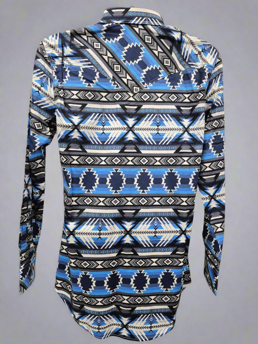 Rock & Roll Denim Mens Aztec Print Long Sleeve Snap Blue BMN2S05861