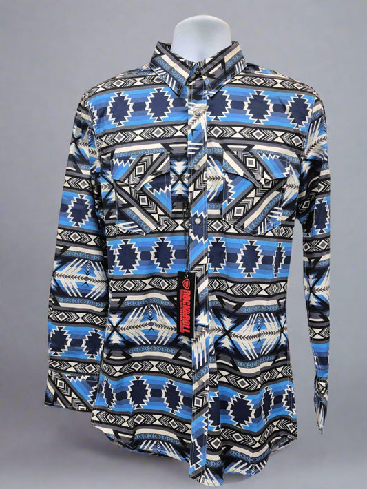 Rock & Roll Denim Mens Aztec Print Long Sleeve Snap Blue BMN2S05861