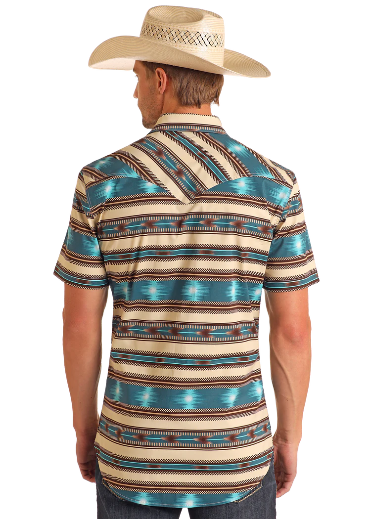 Rock & Roll Denim Mens Aztec Stripe Print Short Sleeve Snap Bright Turquoise BMN3S05854