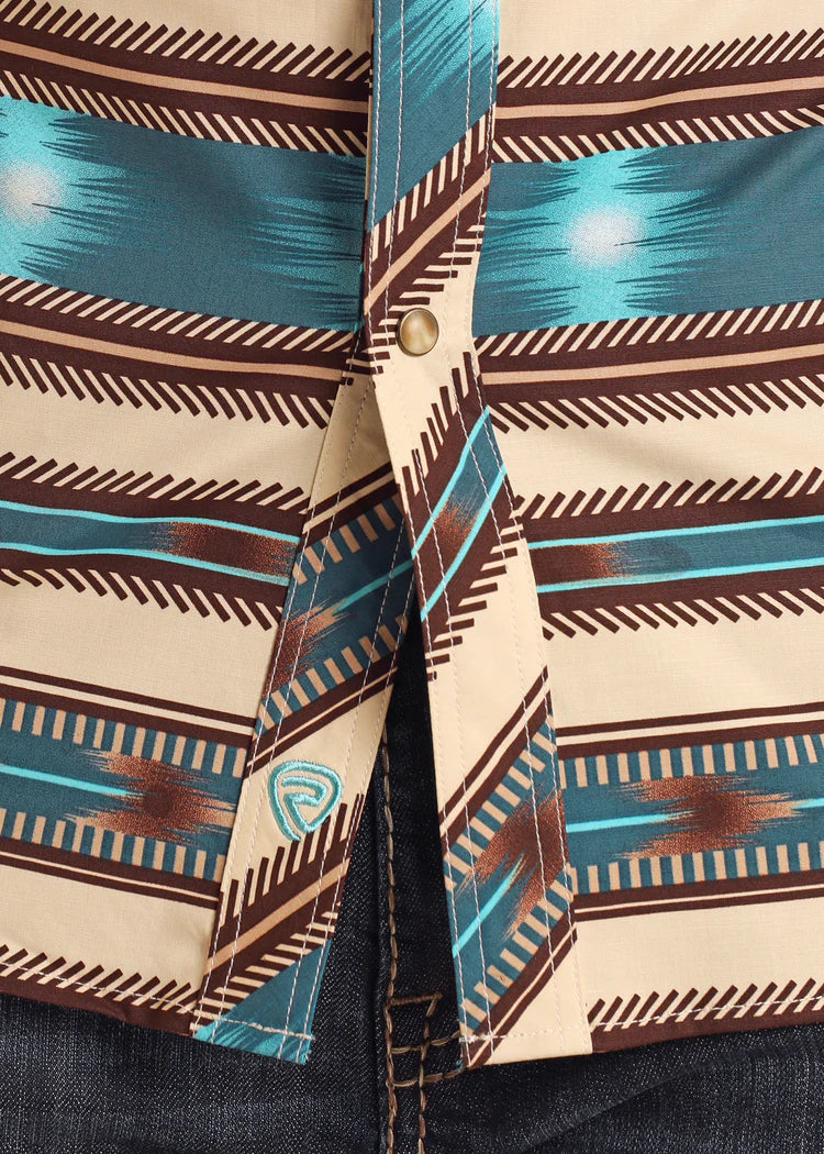 Rock & Roll Denim Mens Aztec Stripe Print Short Sleeve Snap Bright Turquoise BMN3S05854