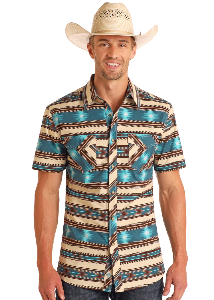 Rock & Roll Denim Mens Aztec Stripe Print Short Sleeve Snap Bright Turquoise BMN3S05854