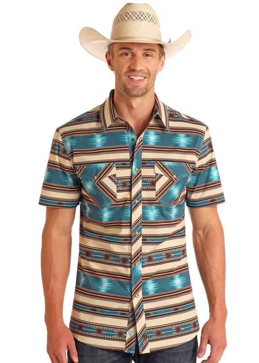 Rock & Roll Denim Mens Aztec Stripe Print Short Sleeve Snap Bright Turquoise BMN3S05854